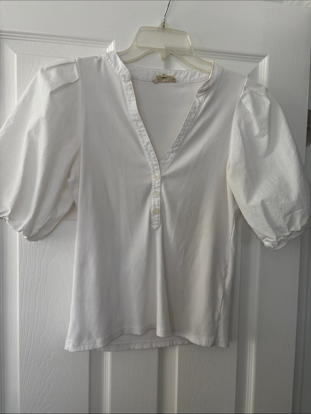 Madewell White V-Neck Puff Sleeve Blouse